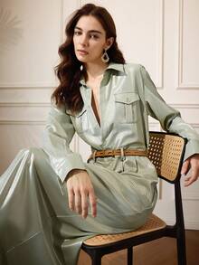 Briarwyn Sage Green Elegant Office Long Sleeve Maxi Shirt Dress,Autumn Fall Clothes For Women,Solid Color Extra Long Fashionable Commute Old Money Outfits - Green - View 2
