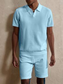 Manfinity Homme Men 2pcs Solid Color Short Sleeve Top And Pocket Shorts Knitwear Set - Blue - View 3