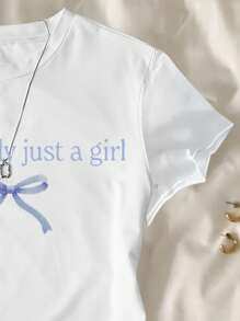 青少年女孩简单休闲英文字母图案短袖短款T恤，适合夏季 - 白色 - 查看 5