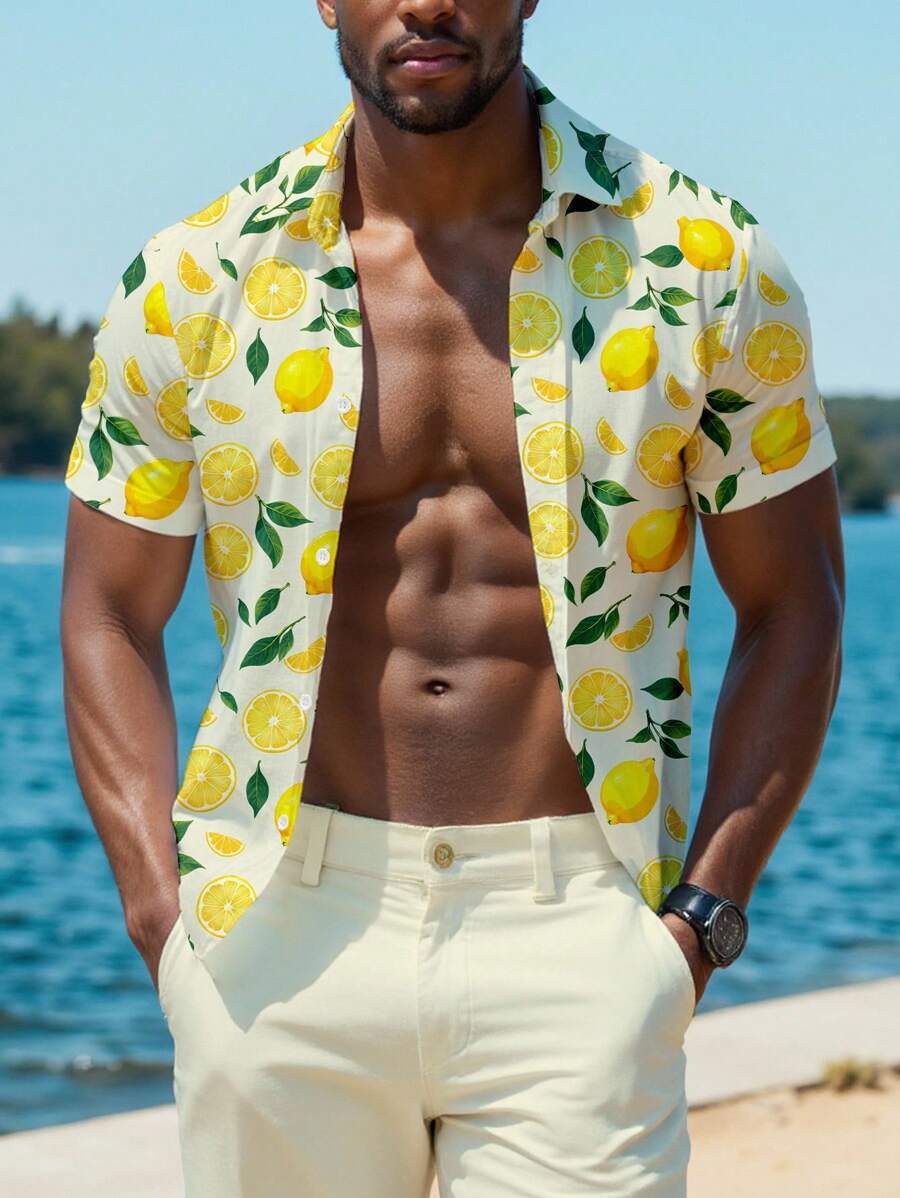 Manfinity RSRT Men's Summer Vacation Lemon Print Short Sleeve Shirt Lemon Shirt Men - Multicolor - View 1