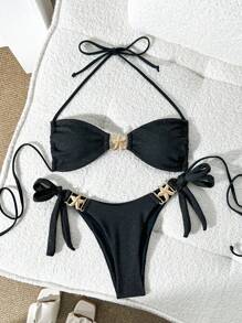 SHEIN Swim 女士金属海星连接金属紧身面料设计吊带比基尼套装 - 黑色 - 查看 2