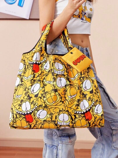 GARFIELD | SHEIN 1 pieza Bolsa de compras plegable de poliéster con impresión de personaje de dibujos animados lindos, bolso de mano, equipada con una pequeña bolsa de almacenamiento con una cadena de cuentas, se puede colgar en un bolso, gato