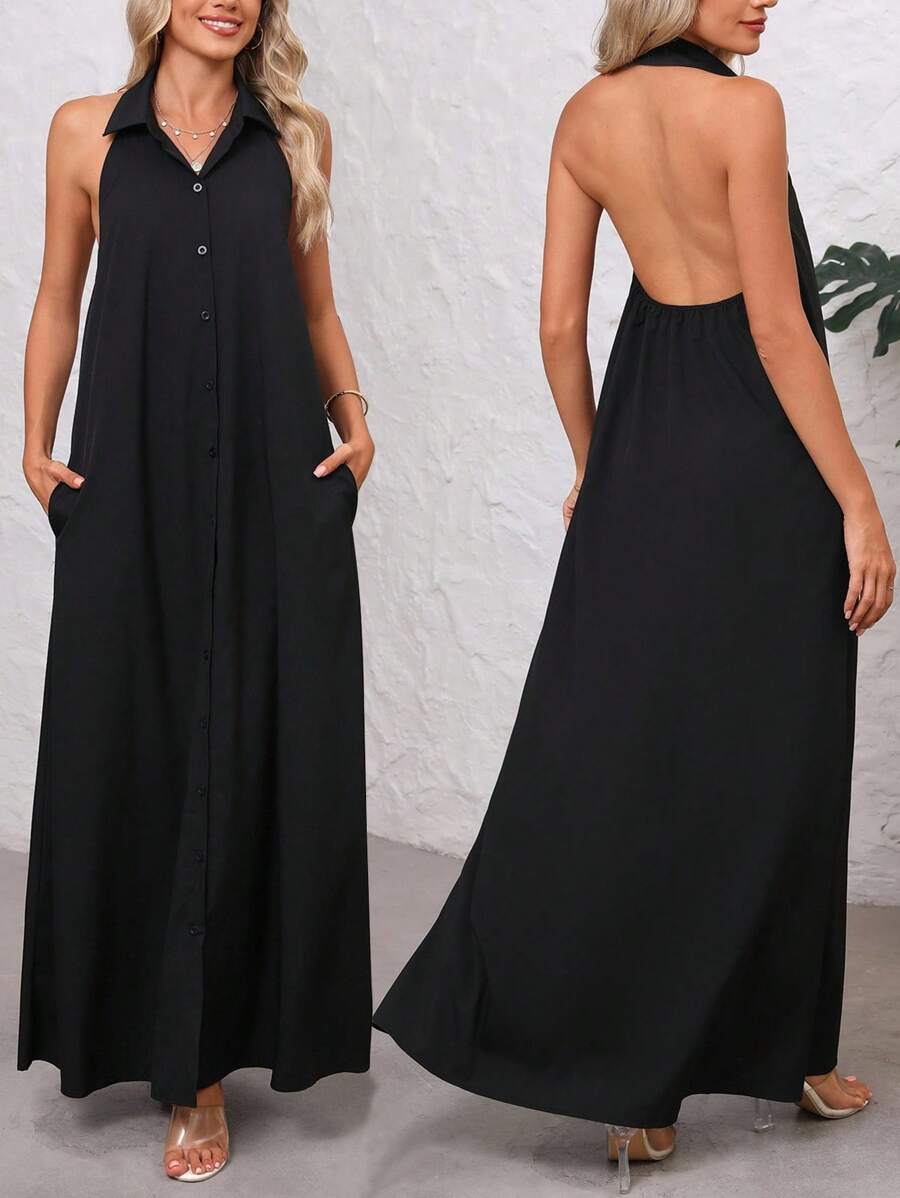 SHEIN Summer Sexy Solid Front Button Backless Dress - Black - View 1