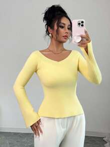 Selianne Off Shoulder Cutout Sleeve Slit Hem Versatile Mustard Yellow Knit Sweater Top, Suitable For Spring, Autumn, Winter Knit Pullover Fall - Butter Yellow - View 6