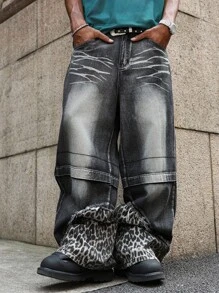 PAVTROS Quần jean denim đen họa tiết da báo vá víu thời trang xuân/hè cho nam, ống rộng rộng, gấu thô, họa tiết da báo, quần jean bụi bặm, phong cách Emo - màu đen - Xem 5