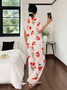 SHEIN 花卉印花翻领短袖睡衣套装 - 彩色 - 查看 2