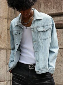 PAVTROS Manfinity Streetrush 男士条纹提花休闲宽松单排扣牛仔夹克浅蓝色条纹夹克，秋季 - 淺色水洗藍 - 查看 4