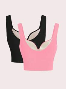 SHEIN Sports 2 件装纯色运动文胸露脐上衣，内置文胸，V 领运动文胸塑形上衣，聚拢上衣，内置文胸