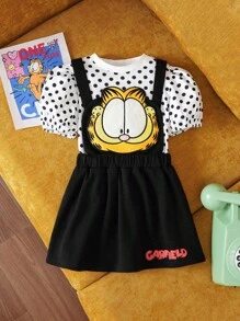GARFIELD | SHEIN 少女卡通可爱猫咪刺绣连衣裙 & 圆领波点泡泡袖 T 恤夏日趣味 2 件套 - 黑與白 - 查看 1