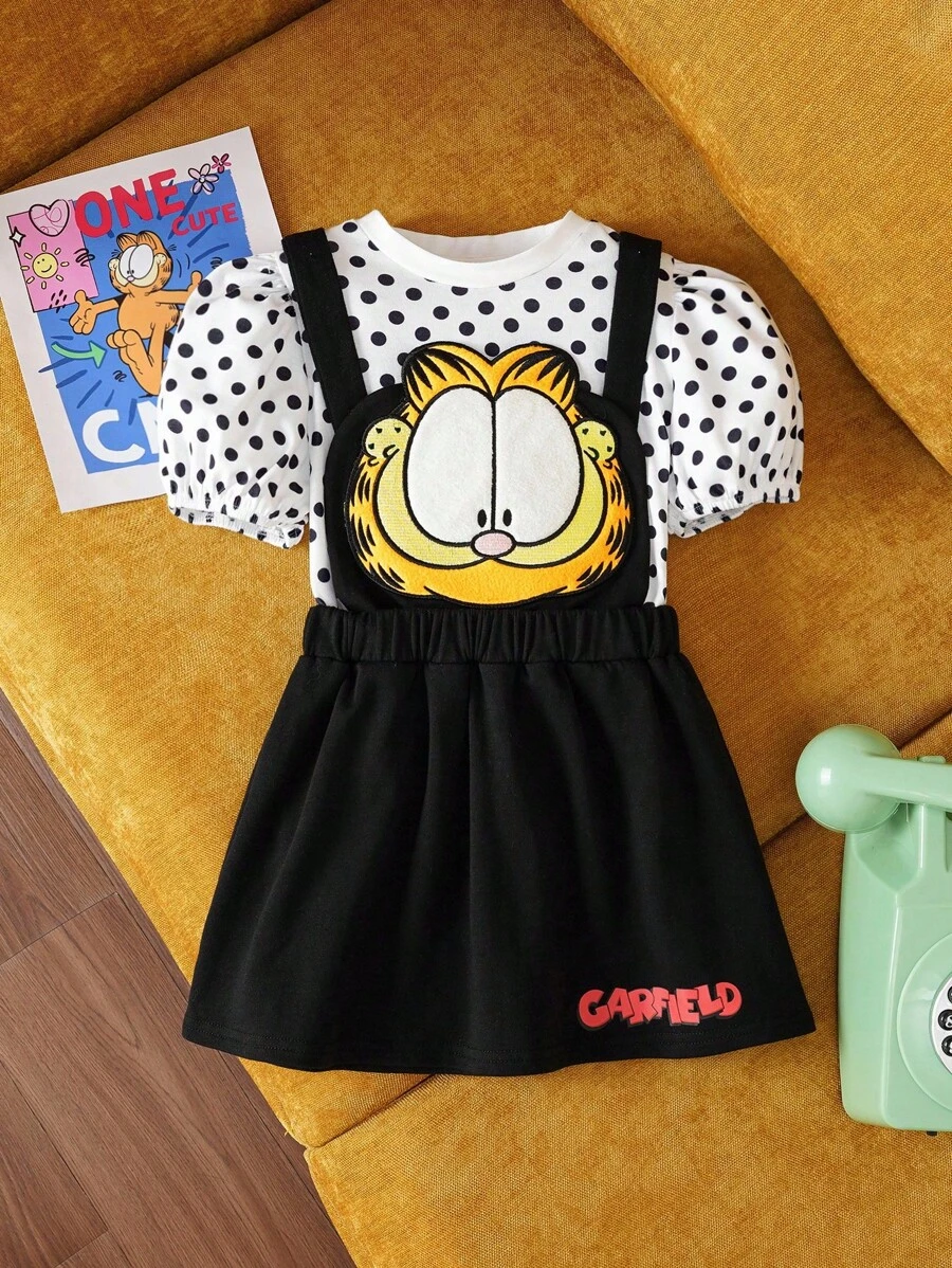 GARFIELD | SHEIN 少女卡通可爱猫咪刺绣连衣裙 & 圆领波点泡泡袖 T 恤夏日趣味 2 件套 - 黑與白 - 查看 1
