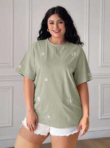 SHEIN EZwear Plus Size Blue Daisy Embroidered Short Sleeve Casual T-Shirt, Spring/Summer Clothes - Olive Green - View 4