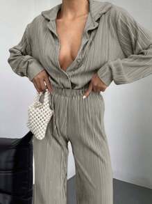 Drop Shoulder Plisse Shirt & Wide Leg Pants - Beige - View 4