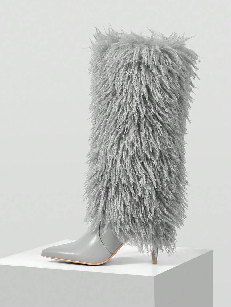 NEW EUROPEAN AND AMERICAN STYLE FAUX FUR HIGH HEEL KNEE-HIGH BOOTS FOR WOMEN FOR CHRISTMAS