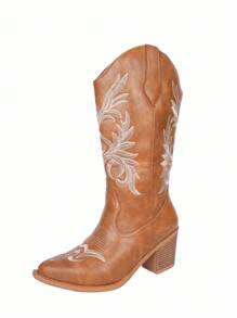 Styleloop New Women Western Boots Classic Fashion Embroidered Chunky Heel Mid-Calf Riding Boots - Brown - View 4