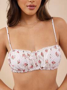 WESTFADE 花卉圆点印花荷叶边甜心领褶饰钢圈比基尼上衣可爱波西米亚牛仔风夏季 7 月 4 日海滩度假 - 粉色 - 查看 2