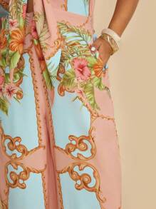 Travachic Plus Size Women Pink Floral Painting Print Sleeveless Jumpsuit,Front Bowknot Boho Summer Vacation Holiday Resort Beach Tropical Outfits With Pockets - Multicolor - View 6
