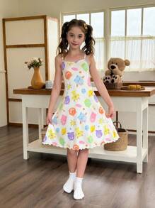 SHEIN 少女蓬松怪物图案印花吊带睡衣 - 米色 - 查看 1