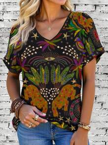 EMERY ROSE 大码女式活力印花V领短袖图案T恤，卷起袖口，夏季女装，休闲装