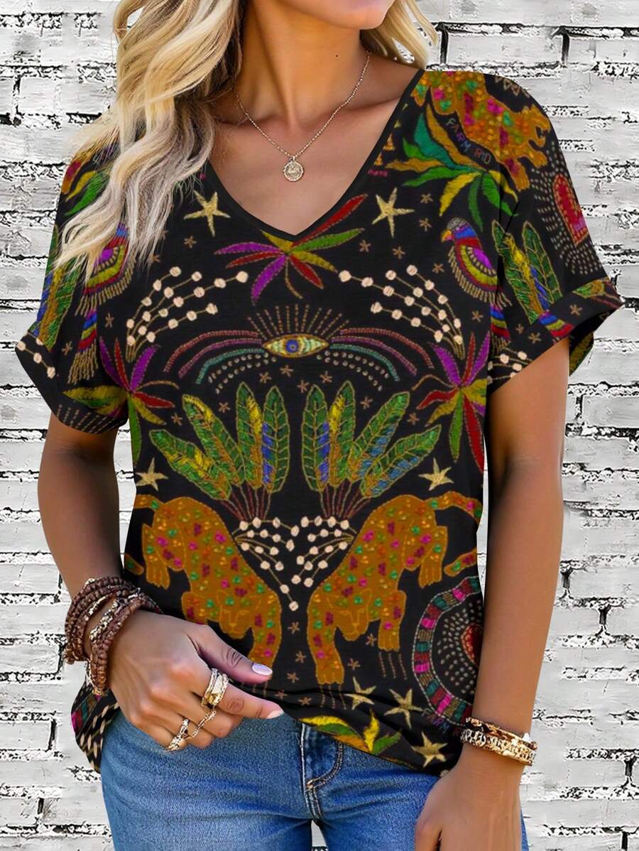 EMERY ROSE 大码女式活力印花V领短袖图案T恤，卷起袖口，夏季女装，休闲装