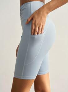 VARSIVA 女士两件套纯色褶皱吊带背心和短裤运动健身套装 - 藍色 - 查看 10