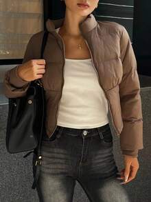 DAZY Vintage Solid Color Cinched Waist Padded Cropped Elegant Padded Coat For Women, Thick & Warm Autumn/Winter Jacket - Brown - View 5