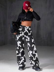 EURMUSE LOW WAIST WIDE LEG CASUAL DENIM JEANS Cow Print Pants Cow Print Outfit Women Y2k Women Two Pieces Outfits Star Pants Rockstar Outfit Women,Trousers - Blue - View 4