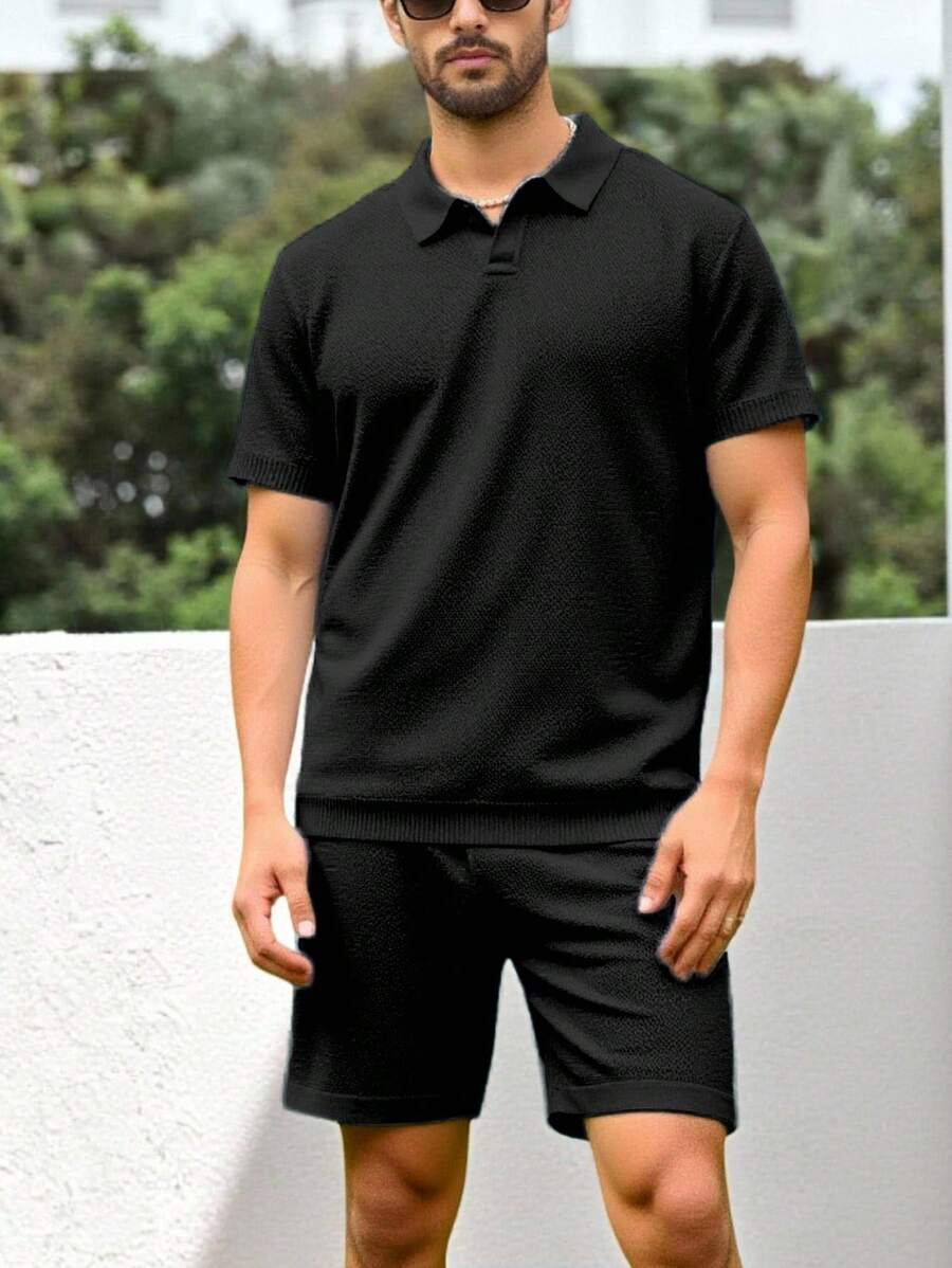 Manfinity Homme Men's Solid Color Polo Collar Short Sleeve Knit Top And Knit Shorts Set, Fall Clothes - Black - View 1
