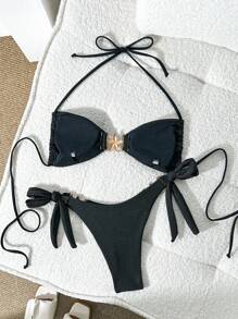 SHEIN Swim 女士金属海星连接金属紧身面料设计吊带比基尼套装 - 黑色 - 查看 3