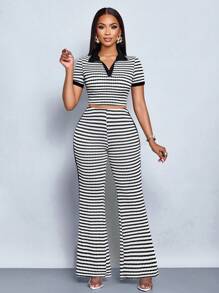 SOLERSUN Women 2pcs Set: Color Block Striped Knit Texture Polo Collar Short Sleeve T-Shirt And Flared Pants (Random Flower)