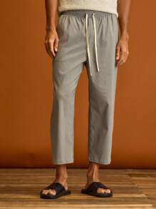 Musero Calça com Cintura Elástica, Perna Reta, Detalhes de Cordão, Primavera Verão Férias - Cinza Claro - Visão 2