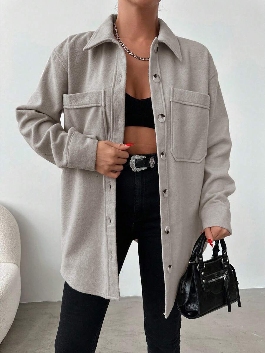 EURMUSE Dual Pocket Drop Shoulder Button Front Coat - Beige - View 1