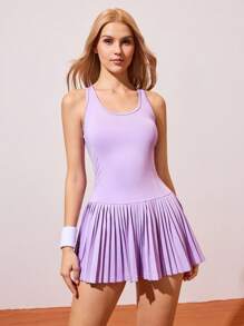 CourtClass 女式交叉露背百褶下摆修身运动连衣裙，夏季 - 紫色 - 查看 3
