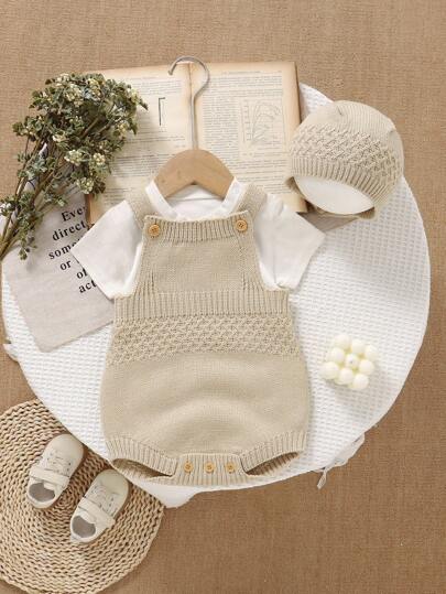 2 Peças Macacão de Malha Casual de Bebê + Chapéu, Estilo Minimalista