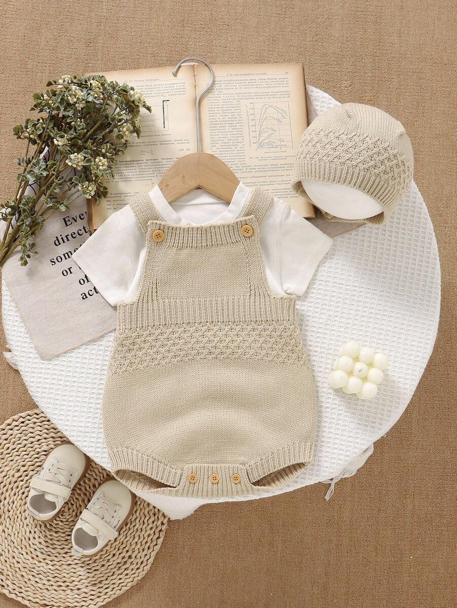 2 piezas Enterizo de punto casual para bebé + Gorro, Estilo minimalista para otoño e invierno - Beis - Ver 1