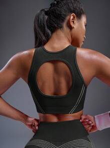 Powerista 女士条纹镂空设计短款运动文胸，适合日常锻炼 - 黑與白 - 查看 3