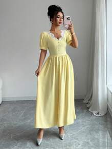 Modelyn Vestido de diseño elegante francés para mujer, ajustado a la cintura y de corte ceñido - Amarillo - Ver 5