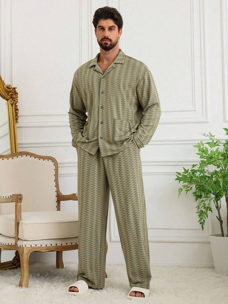 Geometric Textured Green Shirt + Men Home Wear Set, Spring/Summer Fall,Winter Clothes Pajama