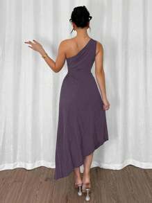 Modelyn 女士时尚优雅不对称荷叶边下摆中长连衣裙 - 紫色 - 查看 2