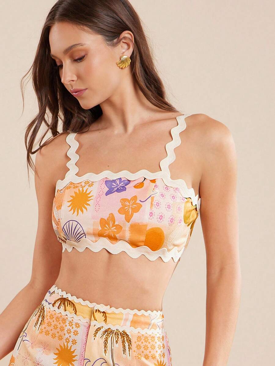 L'Amorae Tank Top Cami Wanita Motif Bunga dengan Hem Berkerut, Untuk Liburan - Jeruk - View 1