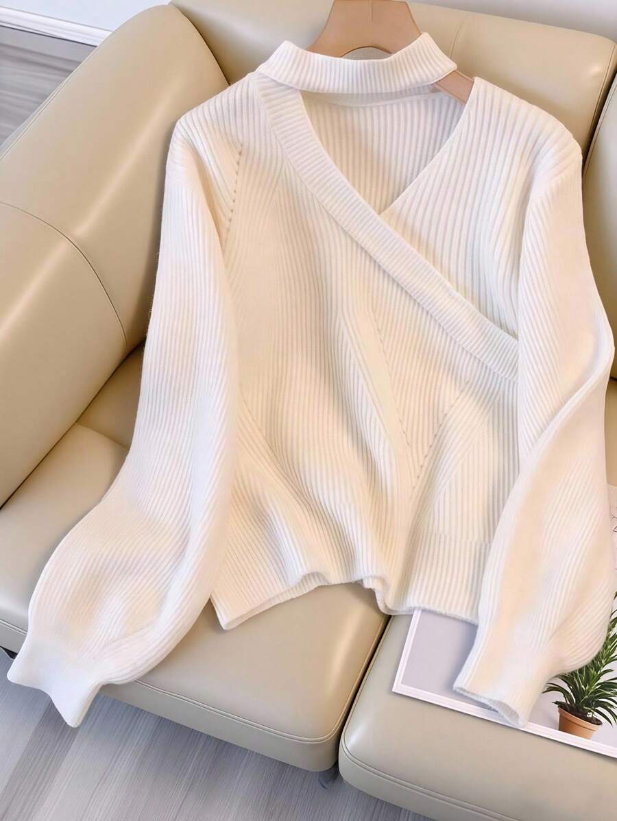 SHEIN Women Casual Minimalist Solid Color Asymmetrical Keyhole Neck Pullover Sweater, Autumn/Winter Knit Pullover Fall - Beige - View 1