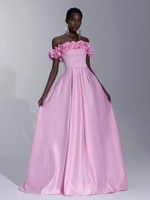 优雅奢华的露肩粉色 3D 花卉缎面舞会礼服，配有超大裙摆和拖尾，适合婚礼、生日派对、舞会、庆典、度假（大量装饰） - 粉色 - 查看 2