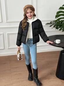 SHEIN 少女简约舒适时尚宽松短款立领羽绒服，拉链设计，简约时尚休闲，加厚设计，适合秋冬季节穿着。 - 黑色 - 查看 10