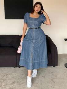 Dazy Plus Đầm maxi denim dáng ôm, cổ vuông, tay phồng, màu xanh đậm, cỡ lớn, thích hợp cho mùa xuân/hè. - Rửa nhẹ - Xem 3