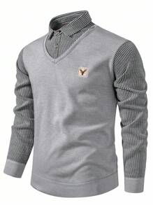 Calvornis 男士条纹拼接长袖衬衫领保暖休闲毛衣，秋冬款 - 灰色 - 查看 7