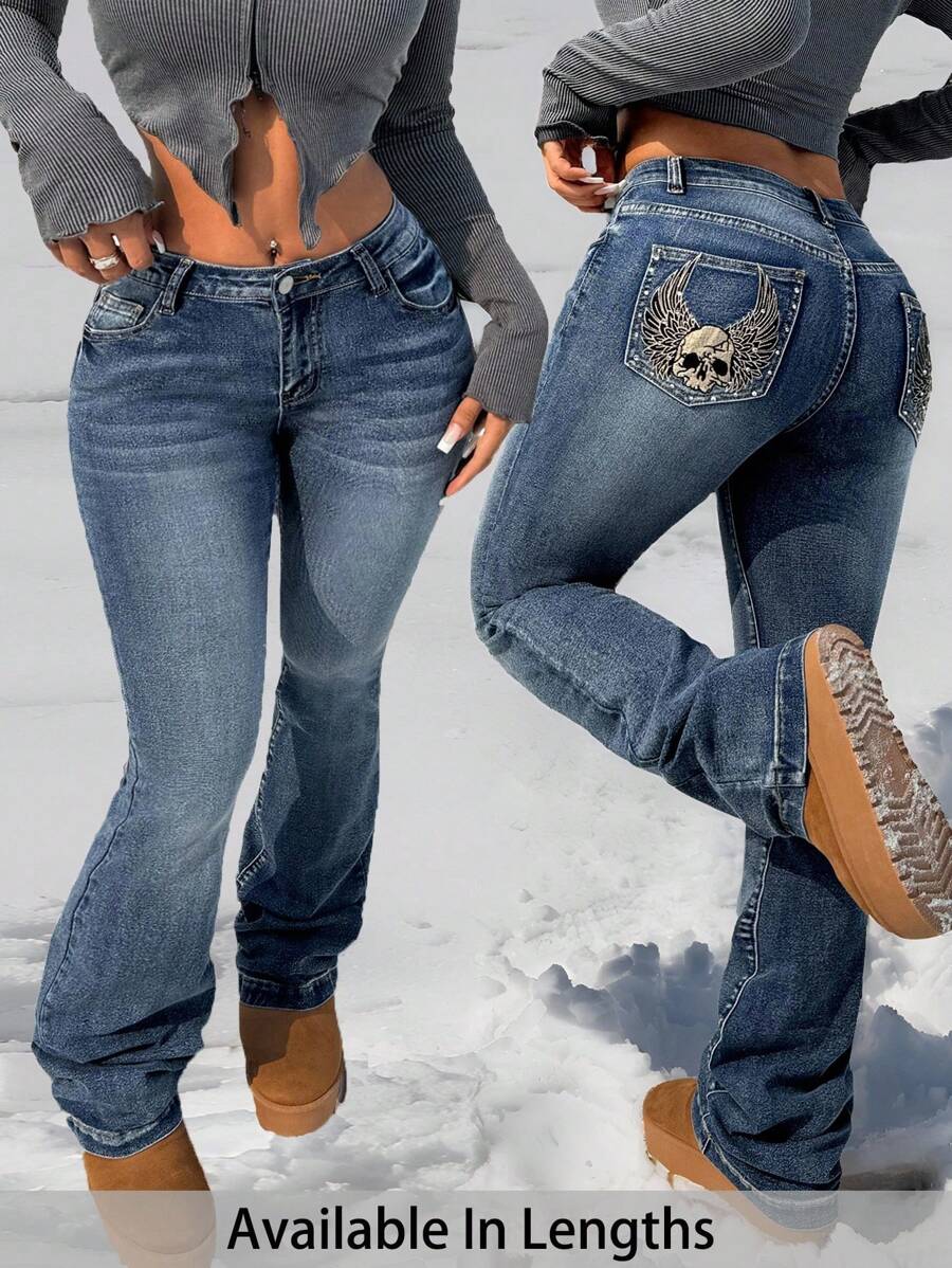 SHEIN PETITE CURVE Plus Size Women Embroidery Skeleton Pattern Pocket Flare Summer Fall Back To School Y2k Fourth Of July 2000s Style Streetwear Punk Airport Date Night Going Out Casual Versatile Jeans Rhinestone Jeans Valentine's Day - Blue - View 1