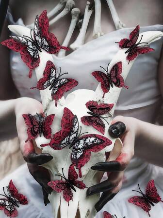 Goth Set de 12 pegatinas 3D de mariposas y rosas con calavera para decoración gótica del hogar - Pegatinas reutilizables y desmontables para decoración de sala de estar y dormitorio