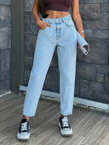 SHEIN Cottnline 90's Baby Blue Mom Fit High Waist Denim Jean Baggy Jeans Mom Jeans Y2k Jeans 90s Jeans - Light Wash - View 3
