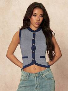 SHEIN PETITE 女士条纹单排扣休闲短款针织背心 - 藏蓝色 - 查看 6