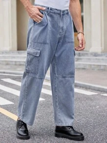 Manfinity VCAY Pantalones vaqueros cargo de pierna ancha con bolsa de solapa para hombres