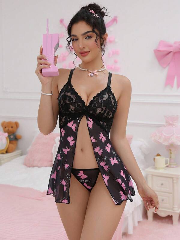 PetitDoll مجموعة من قطعتين قميص نوم شبه شفاف بطبعة الفراشة والشقوق من الأمام مع سروال لملابس نوم نسائية